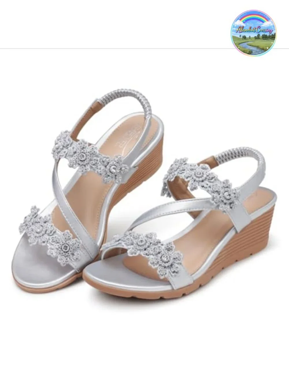 Women's Faux Leather Rhinestone Flower Wedge Sandals Low Heel Ankle Strap